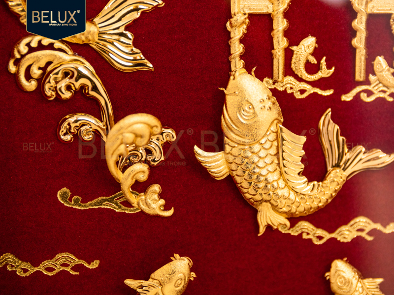 Tranh Cá Chép Vượt Vũ Môn Dát Vàng 24k- 25x20cm